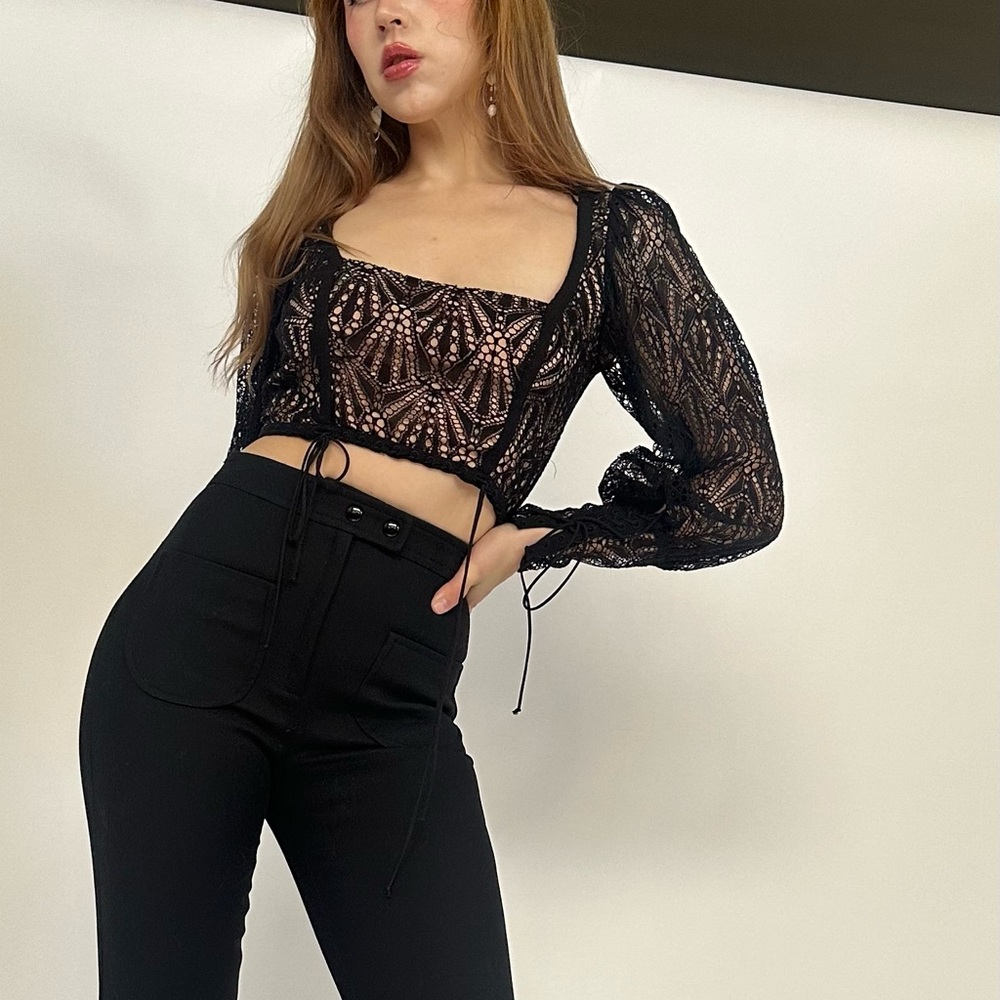 For Love and Lemons Cropped Lace Black Nude Top